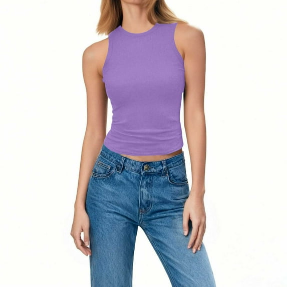 ClodeEU Women's Ribbed Knit Sleeveless Top,Solid Color Round Neck Casual Slim Fit Tank Purple,Womens Plus XL