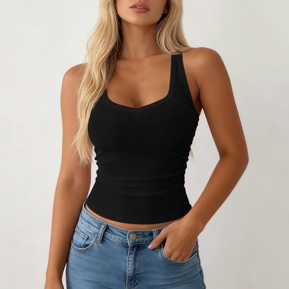 ClodeEU Women's Ribbed Knit V Neck Sleeveless Tank Top, Solid Color Casual Summer Tanks Black,Womens Plus M