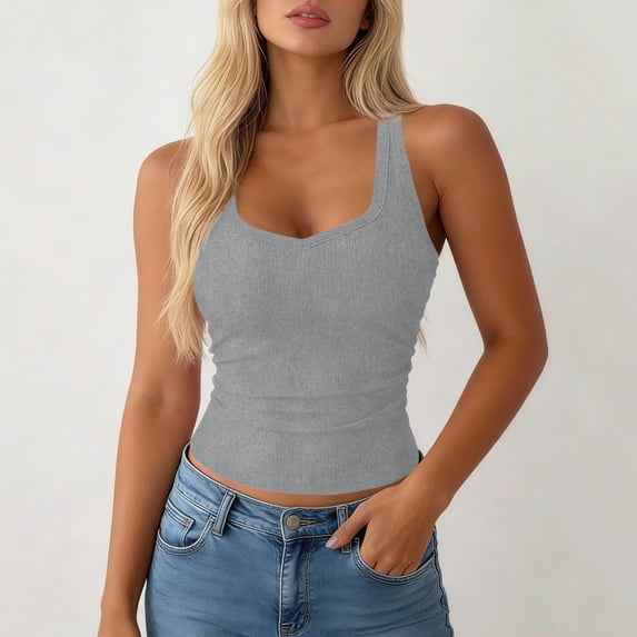 ClodeEU Women's Ribbed Knit V Neck Sleeveless Tank Top, Solid Color Casual Summer Tanks Gray,Womens Plus L