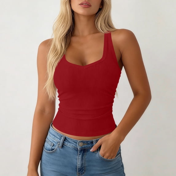 ClodeEU Women's Ribbed Knit V Neck Sleeveless Tank Top ,Solid Color Casual Summer Tanks Red,Womens Plus XL