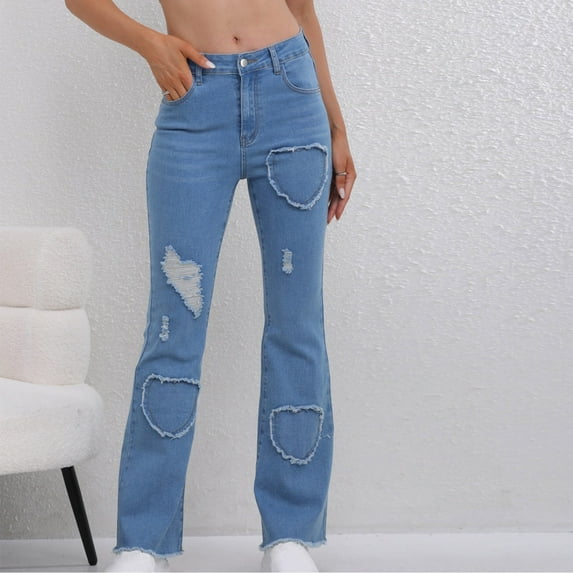 ClodeEU Women's Ripped Flare Bell Bottom Jeans, High Waist Denim Pants with Pockets A-Blue,Womens Plus XL