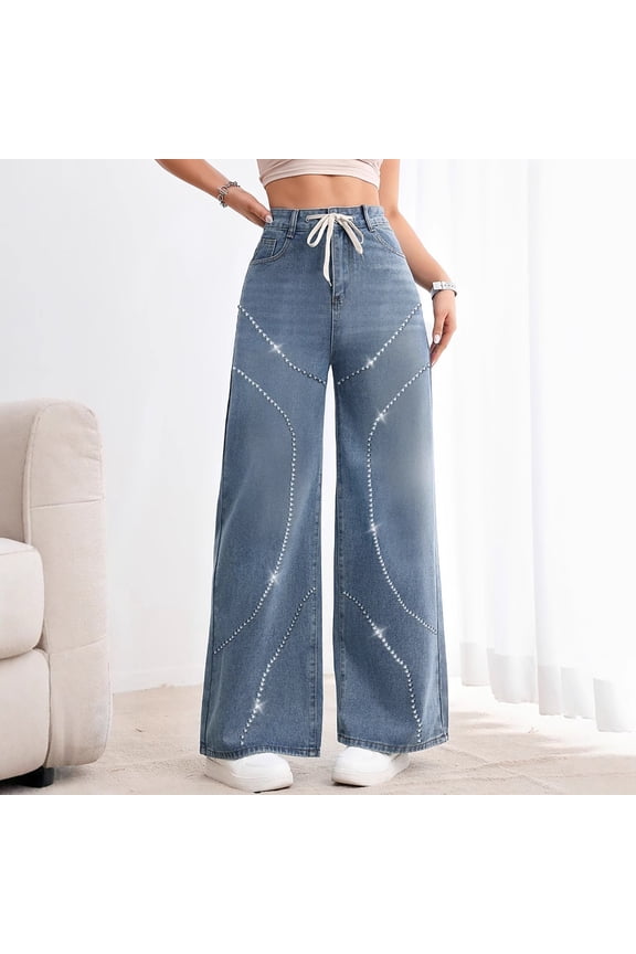 Women's Ripped Wide Leg Bottom Jeans, High Waist Denim Pants with Pockets D-Blue,Womens Plus M