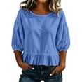 thumbnail image 1 of ClodeEU Women's Round Neck Bubble 3/4 Sleeve Tops,Casual Ruff Hem Cropped Blouses ,Women's Plus M, 1 of 5