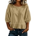 thumbnail image 1 of ClodeEU Women's Round Neck Bubble 3/4 Sleeve Tops,Casual Ruff Hem Cropped Blouses ,Women's Plus XL, 1 of 5