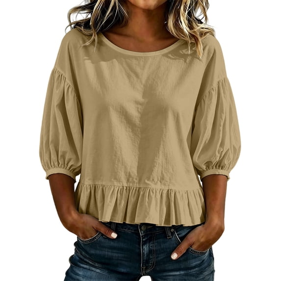 ClodeEU Women's Round Neck Bubble 3/4 Sleeve Tops,Casual Ruff Hem Cropped Blouses ,Women's Plus XL
