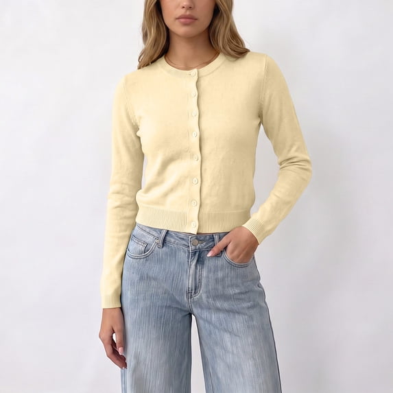 ClodeEU Women's Round Neck Button Front Knit Cardigan,Casual Long Sleeve Slim Fit Knit Outerwear ,Women's S-XXL