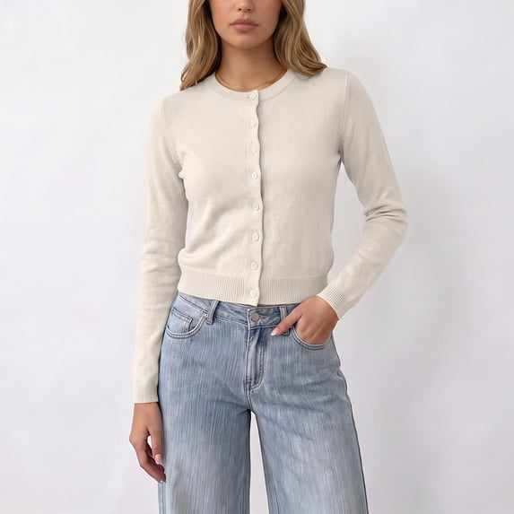 ClodeEU Women's Round Neck Button Front Knit Cardigan,Casual Long Sleeve Slim Fit Knit Outerwear ,Women's S-XXL