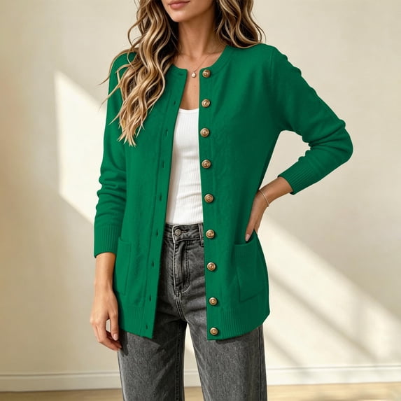 ClodeEU Women's Round Neck Button Front Knit Cardigan with Pockets,Casual Long Sleeve Knit Outerwear ,Women's S-XXXL