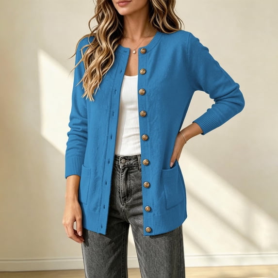 ClodeEU Women's Round Neck Button Front Knit Cardigan with Pockets,Casual Long Sleeve Knit Outerwear ,Women's S-XXXL