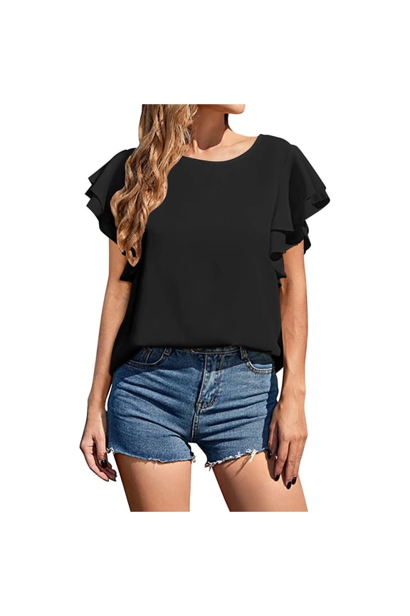 Women's Round Neck Double Layered Lotus Leaf Sleeve , Loose Casual Tee T-Shirt Black,Womens Plus XXL