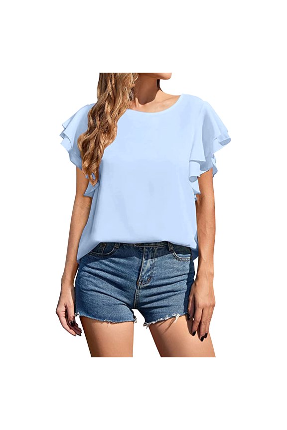 Women's Round Neck Double Layered Lotus Leaf Sleeve , Loose Casual Tee T-Shirt Sky Blue,Womens Plus S