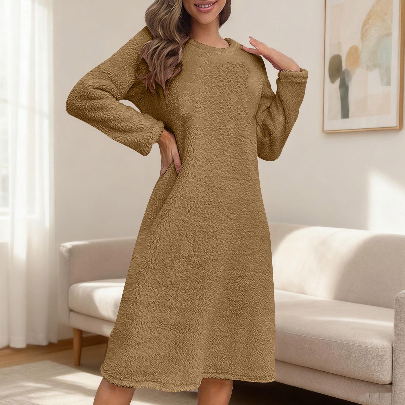 ClodeEU Women's Round Neck Fleece Nightdress Dress,Casual Long Sleeve — free download
