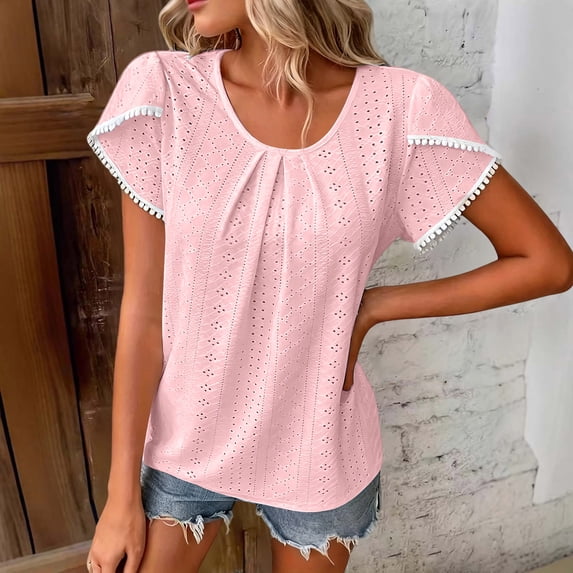 ClodeEU Women's Round Neck Flutter Short Sleeve Blouse,Solid Color Casual Loose Fit Top Pink,Women's Plus M