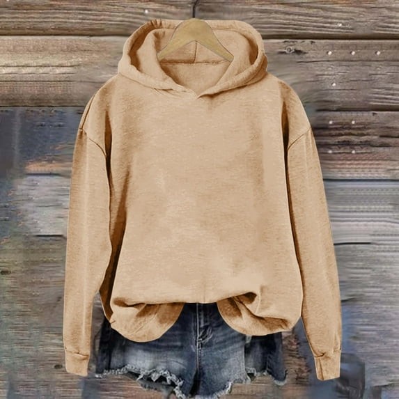 ClodeEU Women's Round Neck Hoodies,Long Sleeve Sweatshirt,Casual Loose Sweatshirt Tops Khaki,Womens Plus L