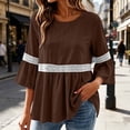 thumbnail image 1 of ClodeEU Women's Round Neck Lace Bell 3/4 Sleeve Tiered Peplum Blouse,Casual Loose Flowy Summer Tunic Top Brown,Women's Plus XL, 1 of 8