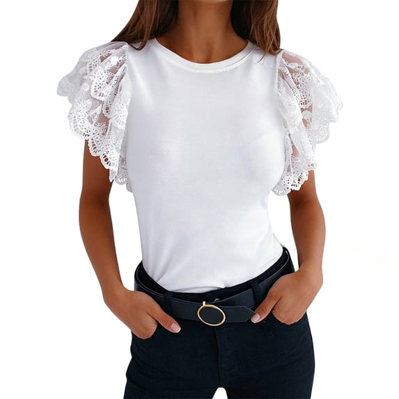 ClodeEU Women's Round Neck Lace Ruffle Sleeve T-Shirt, Casual Slim Fit Summer Blouse White,Women's Plus XL