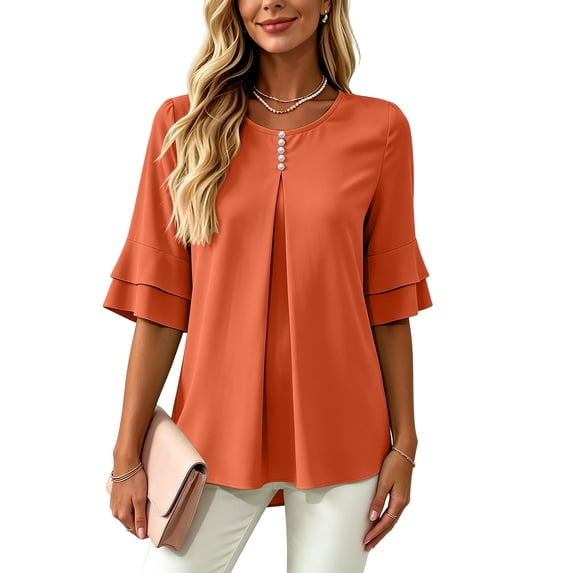 ClodeEU Women's Round Neck Pleated 3/4 Sleeve Tunic Blouse Top,Casual Loose Shirt Orange,Women's Plus M