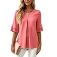 thumbnail image 1 of ClodeEU Women's Round Neck Pleated 3/4 Sleeve Tunic Blouse Top,Casual Loose Shirt Watermelon Red,Women's Plus M, 1 of 6