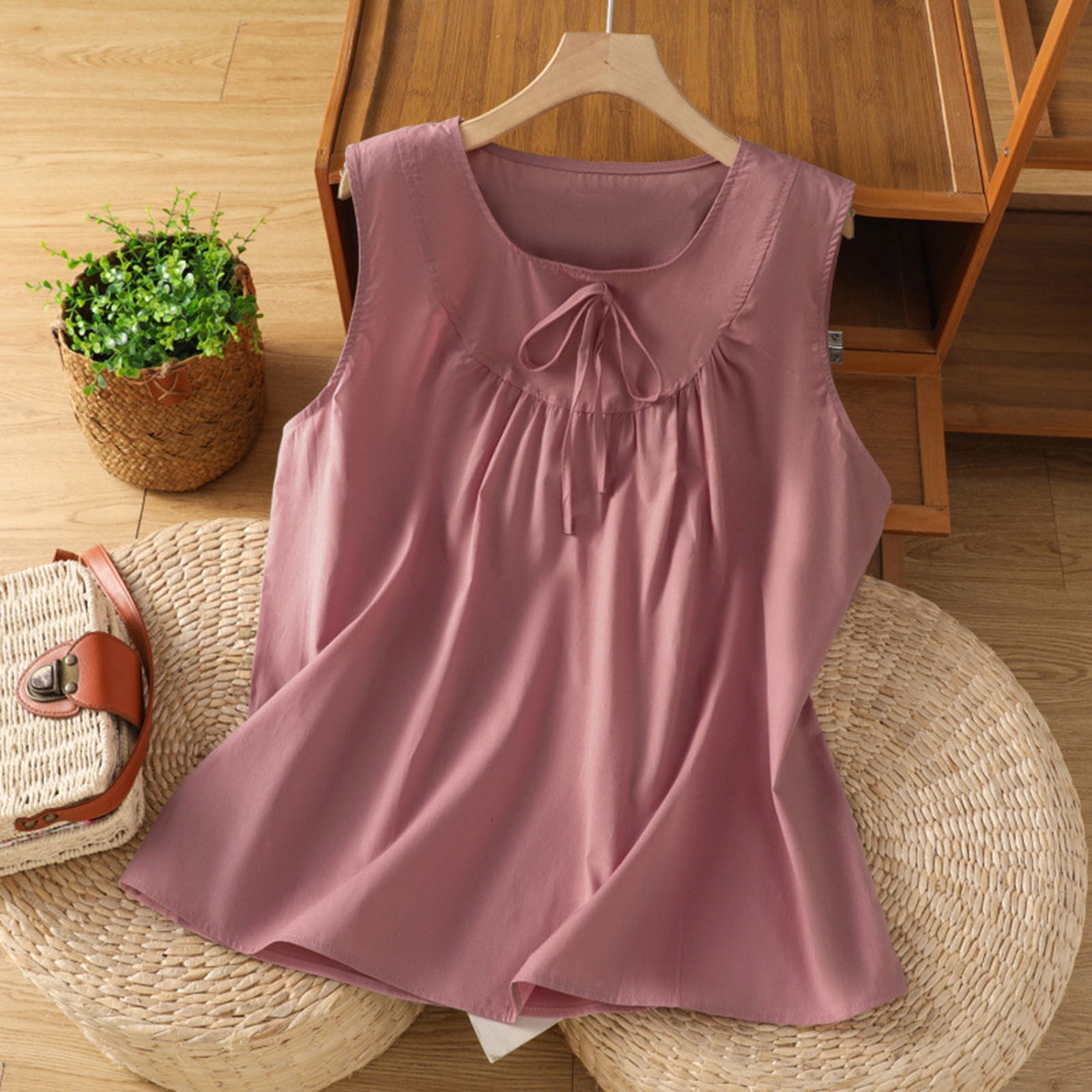 ClodeEU Women's Round Neck Pleated Flowy Tank Top with Bow,Casual Solid ...