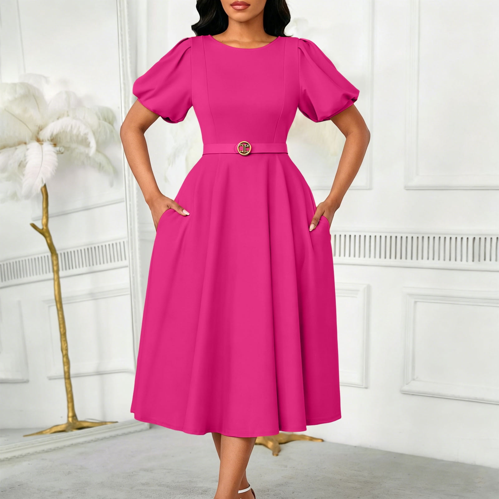 ClodeEU Women's Round Neck Puff Sleeve Belted Swing Midi Dress,Retro Cocktail Party Dress Hot Pink,Women's Plus L