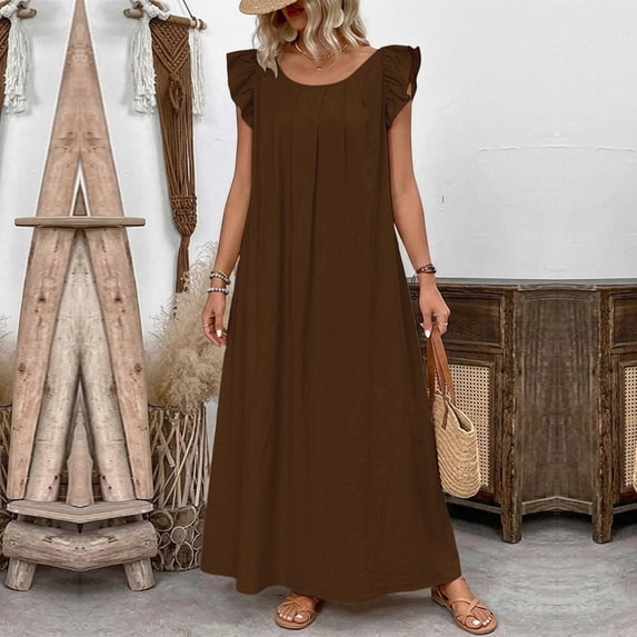 ClodeEU Women's Round Neck Ruffle Cap Sleeve Maxi Dress, Casual Loose Fit Dress Brown,Women's Plus XL
