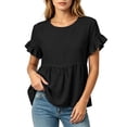 thumbnail image 1 of ClodeEU Women's Round Neck Ruffle Short Sleeve Babydoll Blouse,Casual Loose Peplum Summer Tunic Top Black,Women's Plus L, 1 of 7