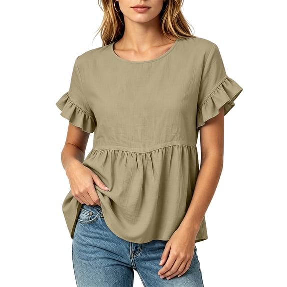 ClodeEU Women's Round Neck Ruffle Short Sleeve Babydoll Blouse,Casual Loose Peplum Summer Tunic Top Khaki,Women's Plus L