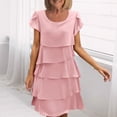 thumbnail image 1 of ClodeEU Women's Round Neck Ruffle Sleeve Tiered Mini Dress, Casual Solid Color Shift Dress Pink,Women's Plus S, 1 of 6