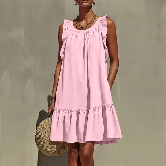 ClodeEU Women's Round Neck Ruffle Sleeveless Tiered Mini Dress with Pockets,Casual Summer Loose Dress Pink,Women's Plus S