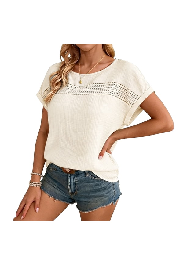 Women's Round Neck Short Sleeve T-Shirt ,Casual Loose Cozy Top with Cutout Beige,Womens Plus S