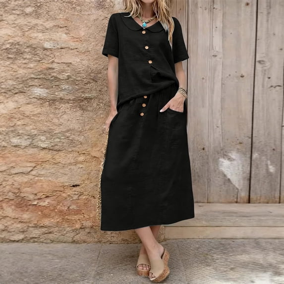 ClodeEU Women's Round Neck Short Sleeve Top and Skirt Set ,Casual Solid Color Two Piece Outfit Black,Women's Plus XXL
