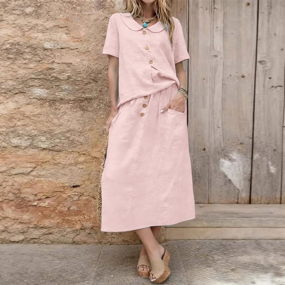 ClodeEU Women's Round Neck Short Sleeve Top and Skirt Set ,Casual Solid Color Two Piece Outfit Pink,Women's Plus M