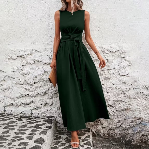 ClodeEU Women's Round Neck Sleeveless A Line Maxi Dress,Cinched Waist Flowy Sundress Green,Women's Plus XL