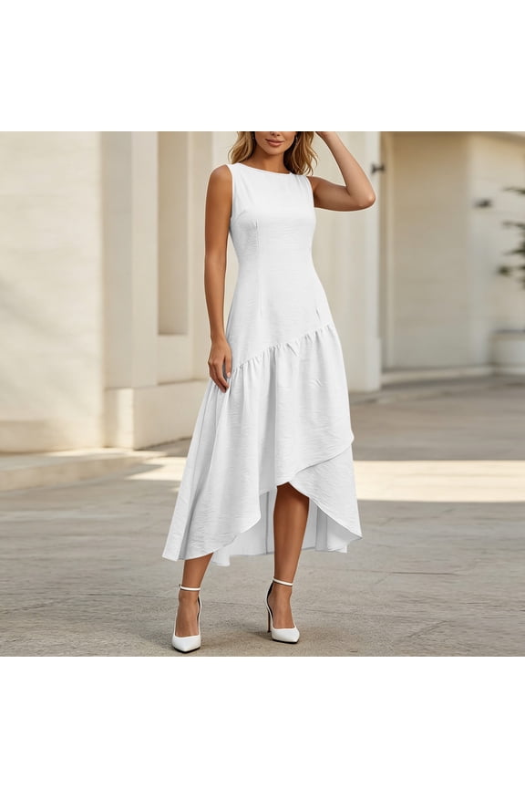 Women's Round Neck Sleeveless Asymmetrical Hem Midi Dress,Casual Tiered Flowy A-Line Sundress White,Women's Plus XXL