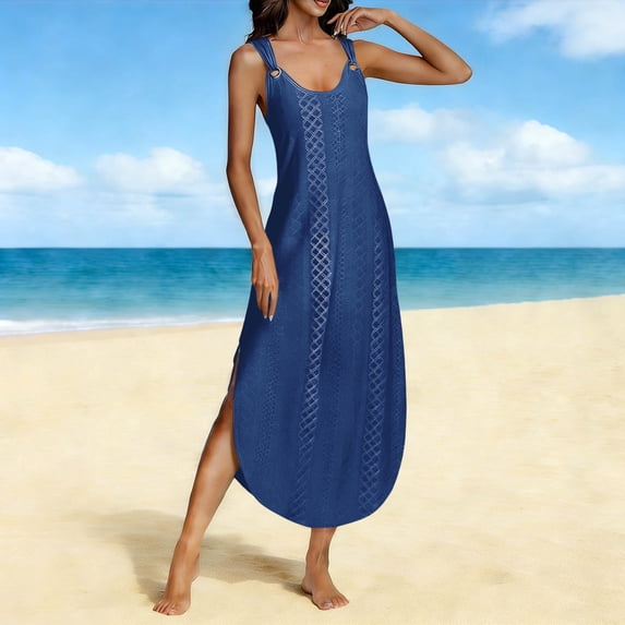 ClodeEU Women's Round Neck Spaghetti Strap Midi Dress with Side Slit ,Loose Fit Casual Solid Color Dress Blue,Womens Plus L