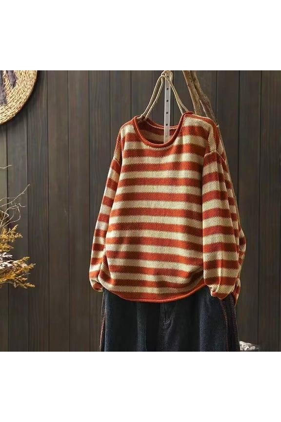 Women's Round Neck Striped Sweaters,Oversized Knit Pullover ,Fall Fashion Sweater Jumpers Tops Orange,Womens Plus XXL