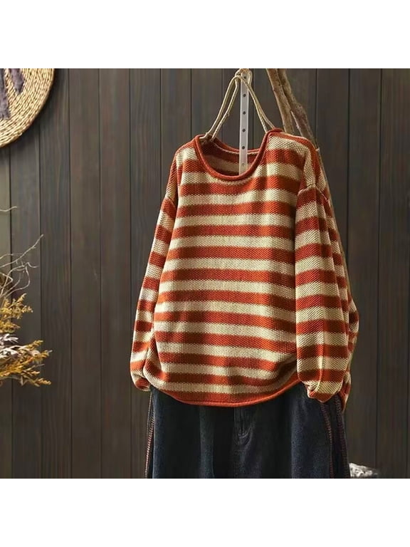 Women's Round Neck Striped Sweaters,Oversized Knit Pullover ,Fall Fashion Sweater Jumpers Tops Orange,Womens Plus XXL