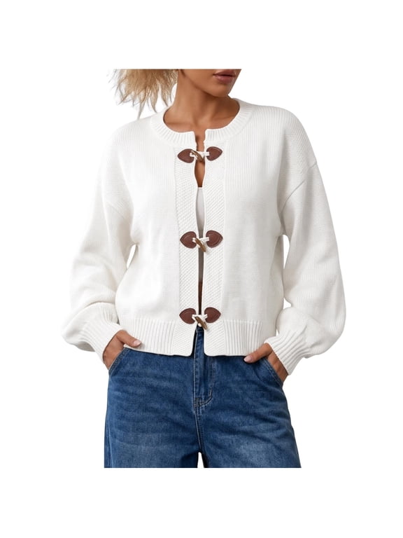 Women's Round Neck Toggle Button Knit Cardigan,Casual Long Sleeve Cropped Outerwear ,Women's S-XL