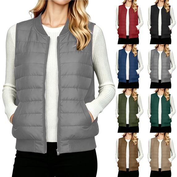ClodeEU Women's Round Neck Zip Up Quilted Vest,Sleeveless Lightweight Casual Gilet with Pockets ,Women's S-XXL