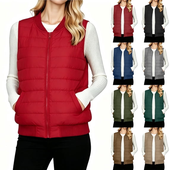 ClodeEU Women's Round Neck Zip Up Quilted Vest,Sleeveless Lightweight Casual Gilet with Pockets ,Women's S-XXL