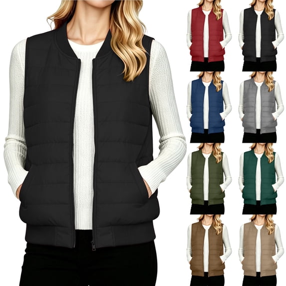 ClodeEU Women's Round Neck Zip Up Quilted Vest,Sleeveless Lightweight Casual Gilet with Pockets ,Women's S-XXL