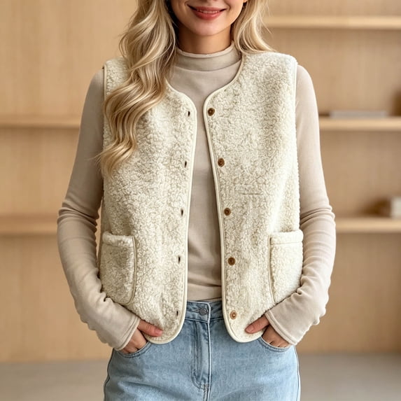 ClodeEU Women's Round Neck Zip Up Sherpa Vest, Sleeveless Fuzzy Gilet ,Casual Warm Waistcoat With Pockets ,Women's Plus L