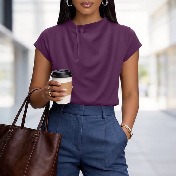 ClodeEU Women's Ruched Mock Neck Short Sleeve T-Shirt,Slim Fit Crew Neck Tee Purple,Women's Plus XXL