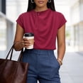 thumbnail image 1 of ClodeEU Women's Ruched Mock Neck Short Sleeve T-Shirt,Slim Fit Crew Neck Tee Red,Women's Plus M, 1 of 5