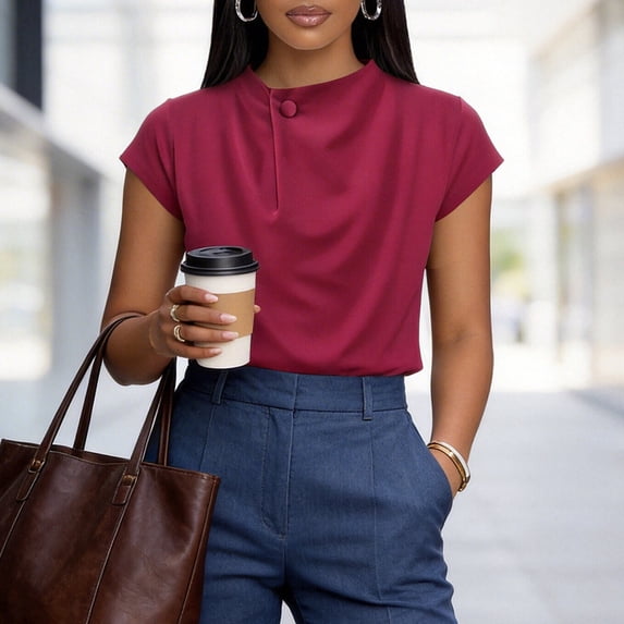 ClodeEU Women's Ruched Mock Neck Short Sleeve T-Shirt,Slim Fit Crew Neck Tee Red,Women's Plus M