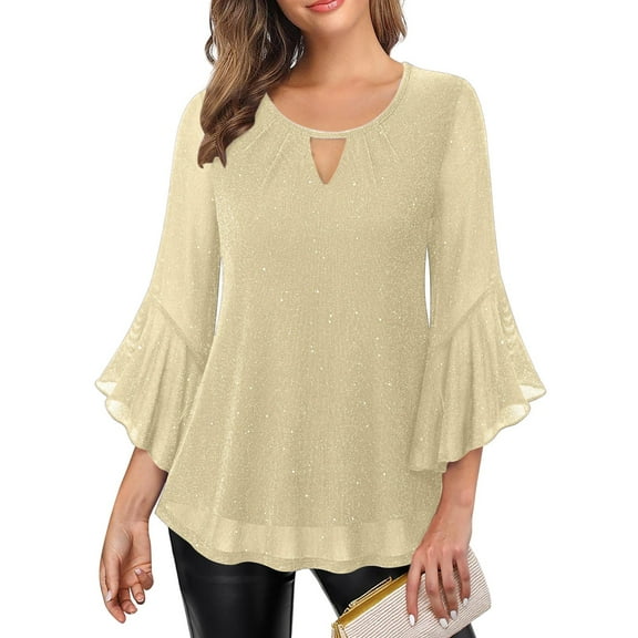 ClodeEU Women's Ruffle 3/4 Sleeve Elegant Blouses,Crew Neck Double Layers Mesh Shirt Tunic Tops Beige,Womens Plus S