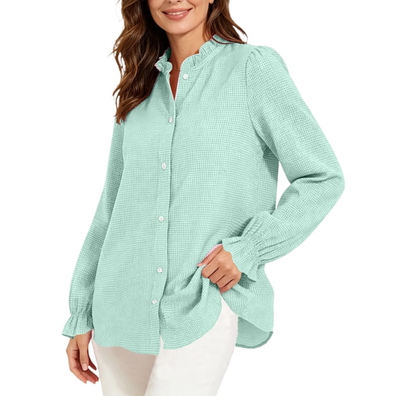 ClodeEU Women's Ruffle Collar Long Sleeve Button Down Shirt,Elegant Solid Dress Blouse Casual Top ,Women's Plus L