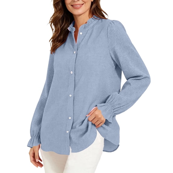 ClodeEU Women's Ruffle Collar Long Sleeve Button Down Shirt,Elegant Solid Dress Blouse Casual Top ,Women's Plus S