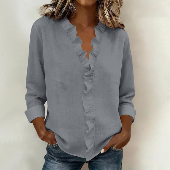 ClodeEU Women's Ruffle Collar Long Sleeve Linen Blend Shirt,Solid Color Casual Blouse Gray,Womens Plus S
