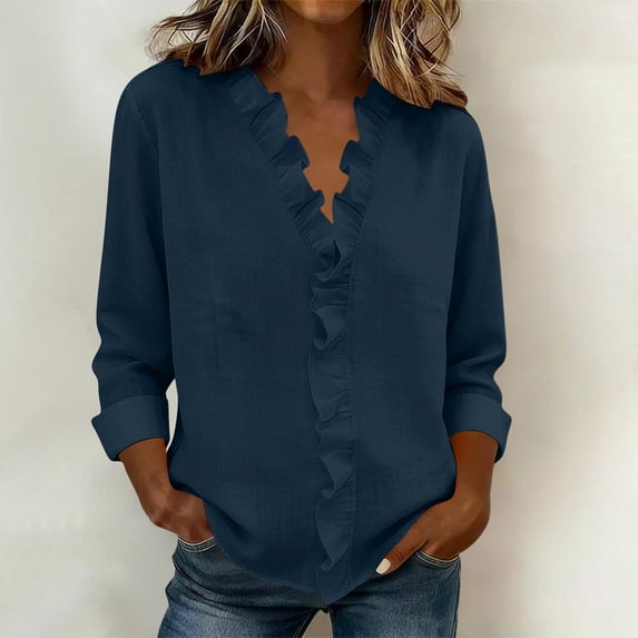 ClodeEU Women's Ruffle Collar Long Sleeve Linen Blend Shirt,Solid Color Casual Blouse Navy,Womens Plus S